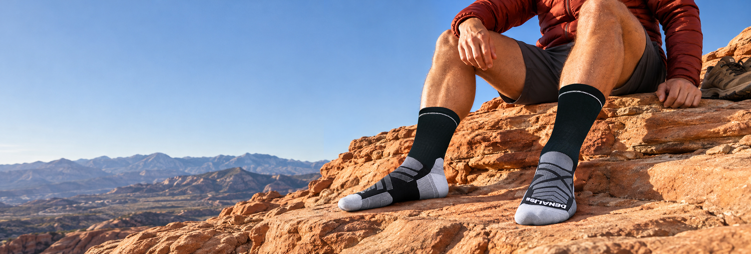 DENALISE hiking socks worn during a mountain rest